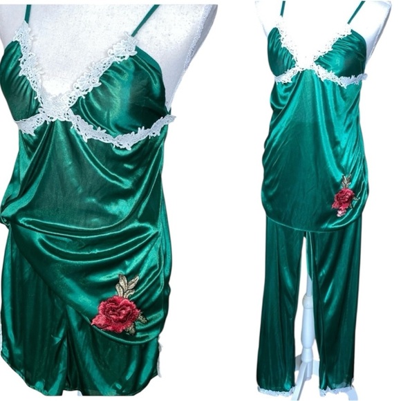3 Pc Emerald Green Pajama Set Embroidered Flower & Lace Cami Shorts & Pants Sz M - Picture 11 of 15